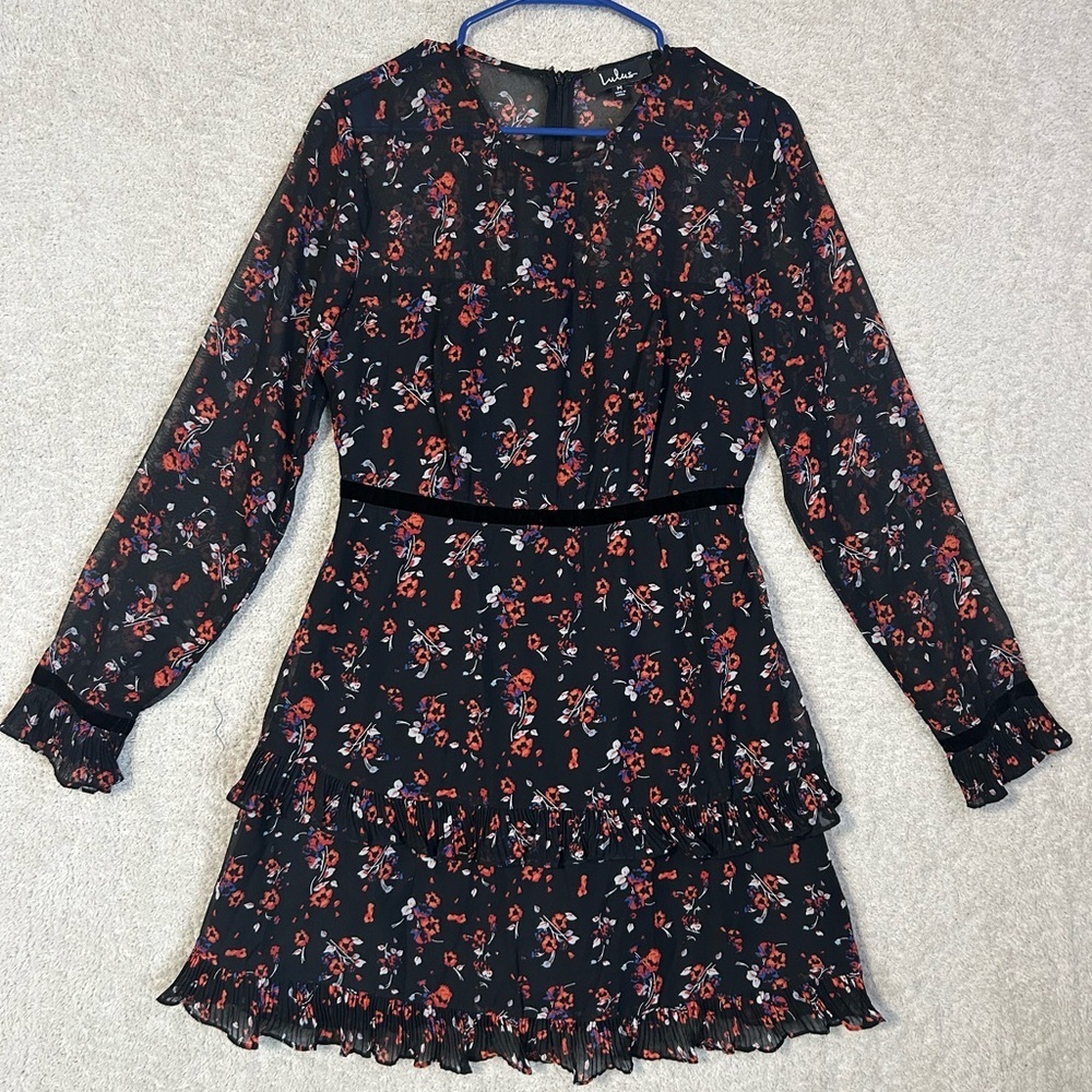 Lulus Floral to See Black Floral Print Long Sleeve Mini Dress Size Medium